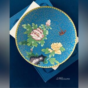 Vintage Exquisite Handcrafted Cloisonné Turquoise Decorative Floral Plate